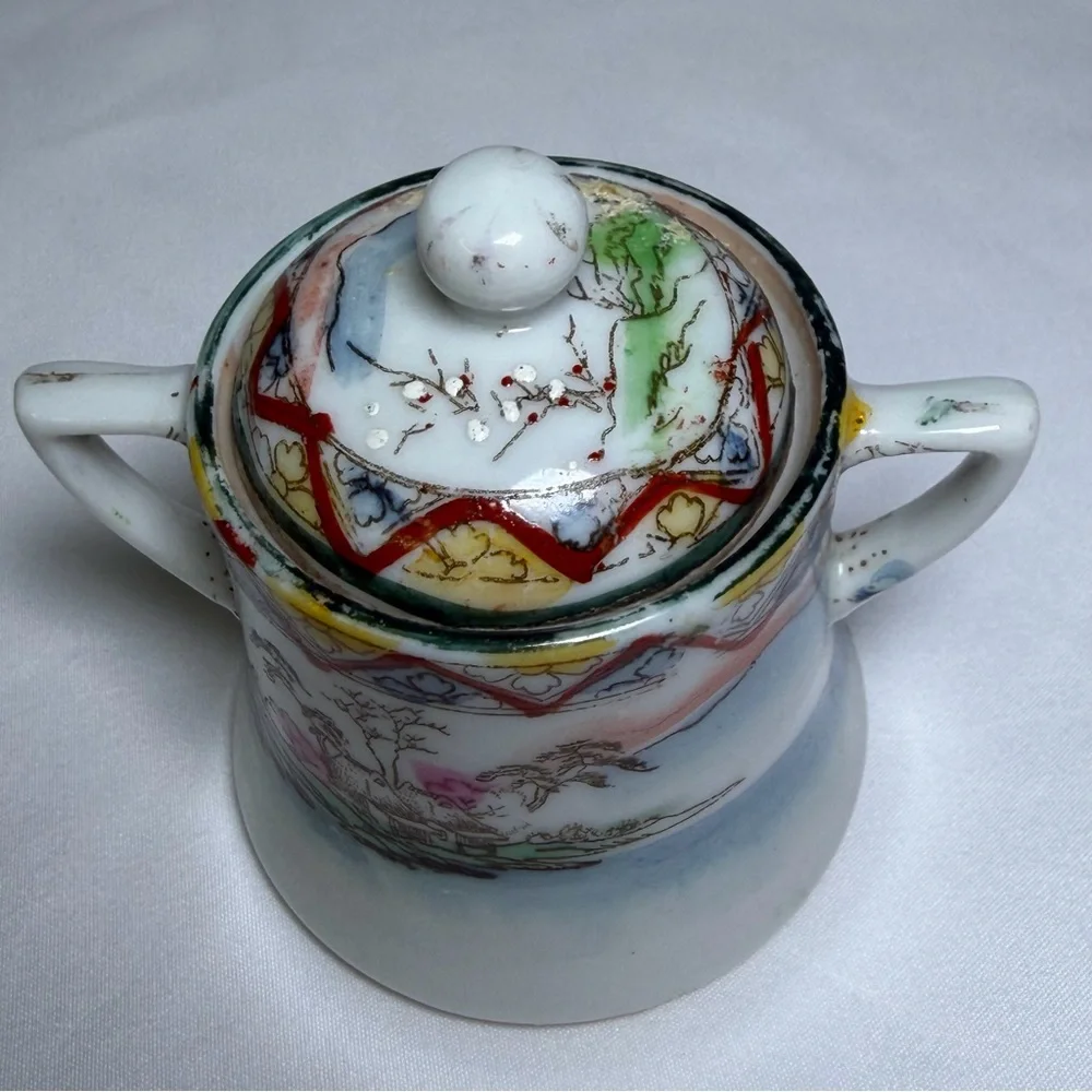 Antique Porcelain Nippon Mini Sugar Bowl Hand-Painted Japanese Scenic Geisha Art